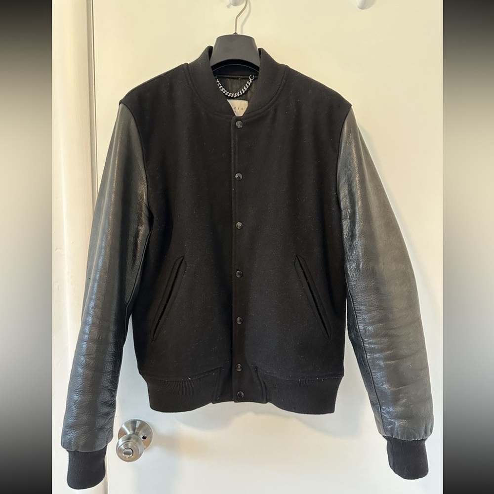 Sandro Paris Wool and calf leather Varsity jacket in black